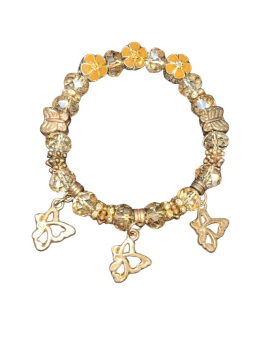 Yellow Floral Crystal Beaded Boho Stretch Bracelet Gold Tone Butterfly Charms